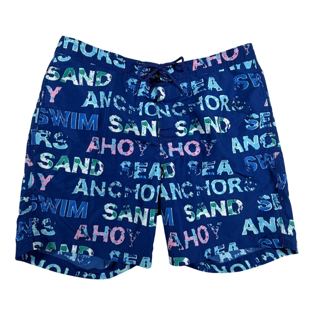 Brooks Brothers Mens Navy Nautical Word Print Swim Trunks Size L Ahoy Anchor Sea